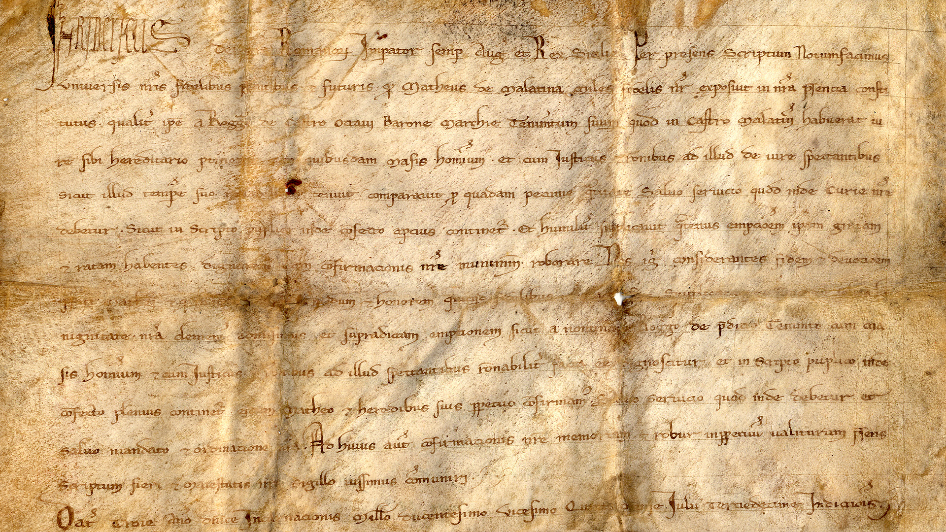 Si tratta di uno dei documenti più antichi conservati presso l’Archivio di Stato di Teramo, datato Troia, 1225. In essa l’imperatore Federico II conferma la vendita di un tenimento sito nel castello Melatino fatta da Roggerio di Ottavio, barone della Marca, a Matteo Melatino. Il documento testimonia la ricchezza della documentazione di matrice storica raccolta dai Delfico in riferimento alle vicende trascorse della città di Teramo e alle sorti delle sue più antiche famiglie. La pergamena misura 26,7x18,5 cm.